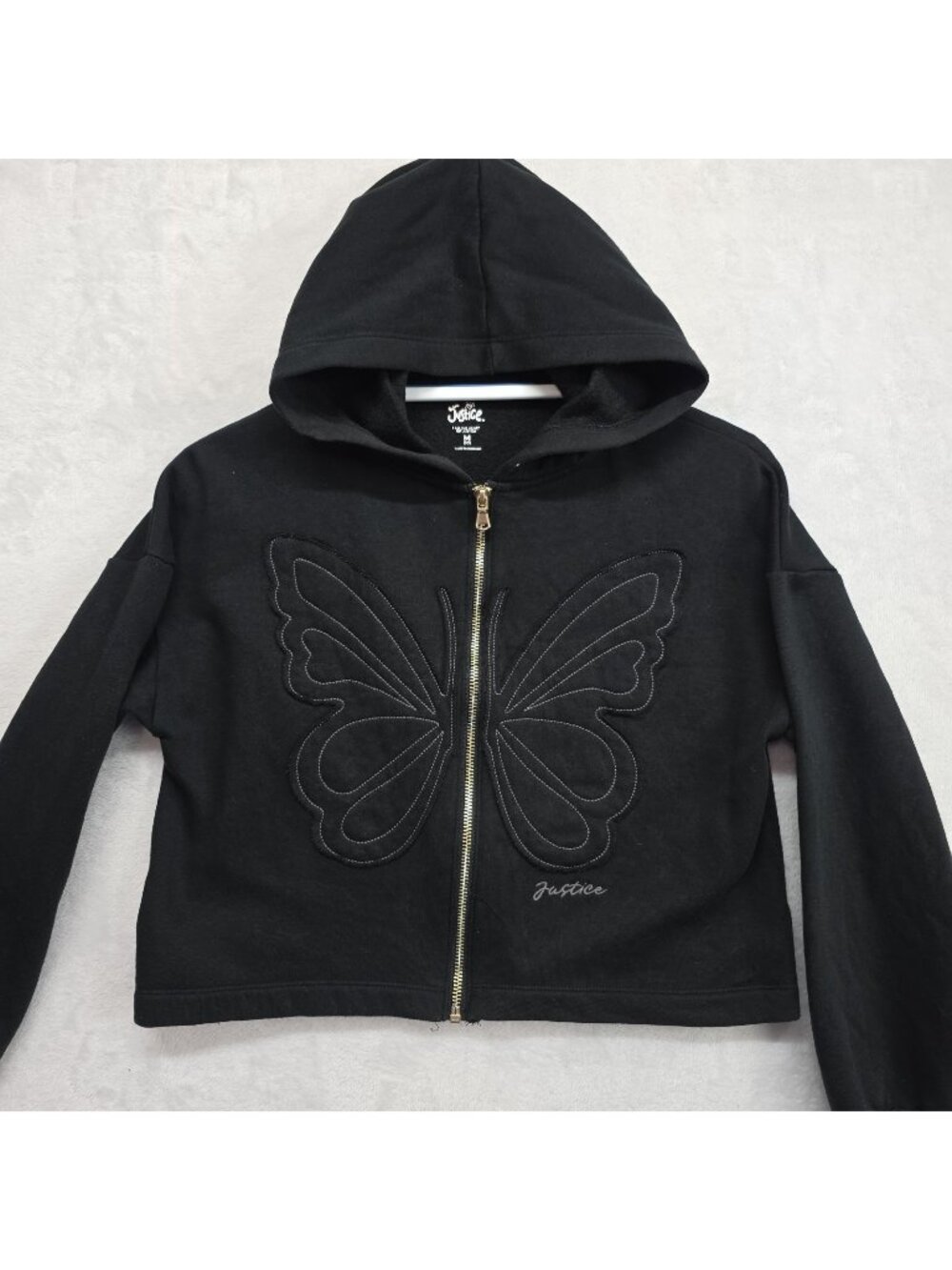 Justice Girls M (10) Butterfly Full Zip Hoodie Black Athleisure Kids Fleece EUC